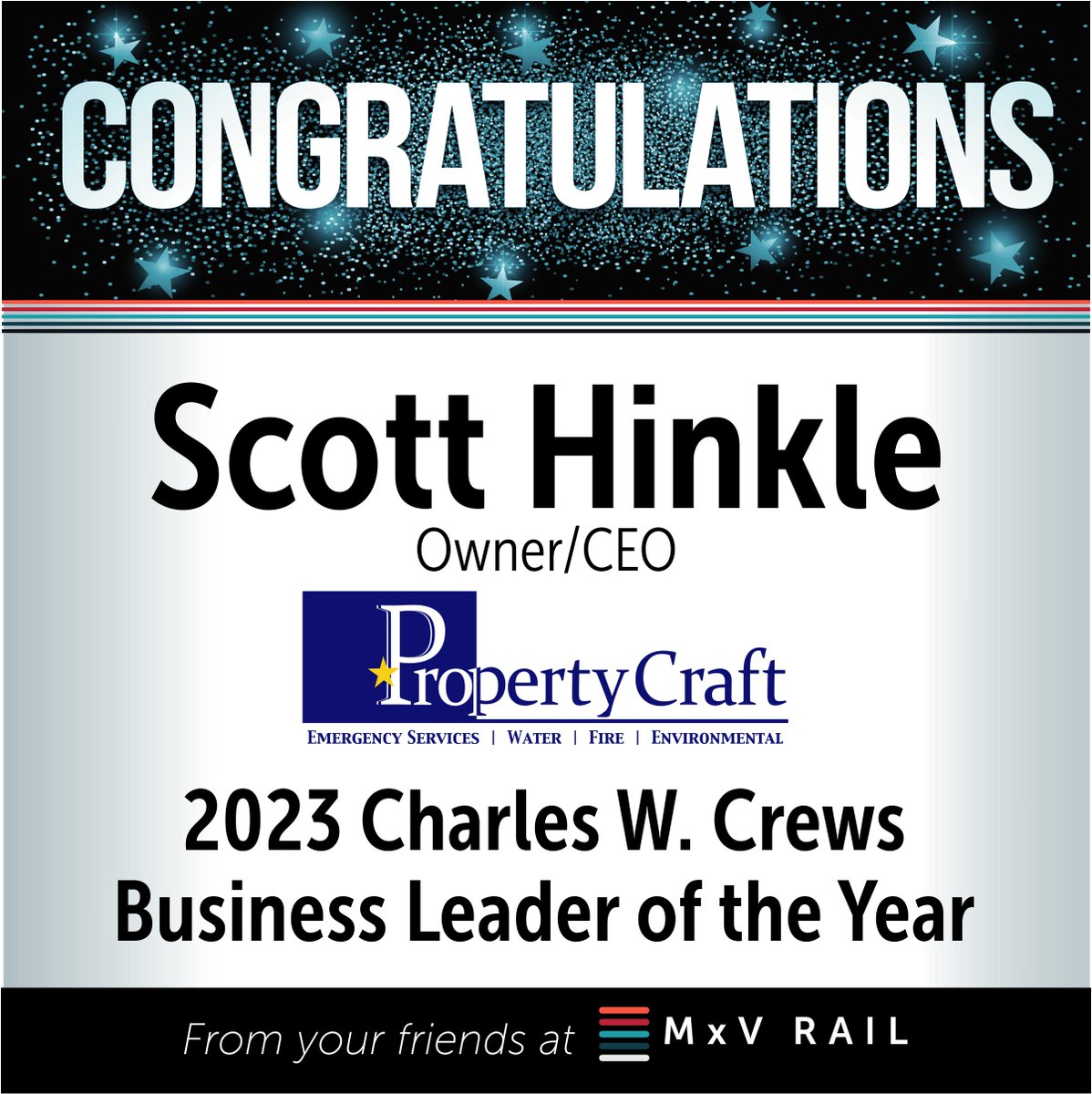 Special shout out to Scott Hinkle, Owner/CEO of Property Craft, for being named the 2023 Charles W. Crews Business Leader of the Year by the Greater Pueblo Chamber of Commerce. #WeAreMxVRail #momentum #congrats