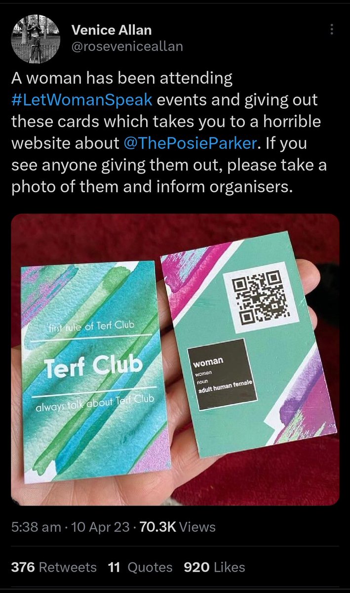 LilahRPGtt's tweet photo. No, but seriously, I've been waiting weeks for them to notice 🤣
A Terf was handing these cards out at Posie events, but put the wrong URL on the QR code, which redirected to an unclaimed domain. So the domain was purchased and turned into a site calling Posie a fascist 🤣 https://t.co/fEWgh3Gcmb