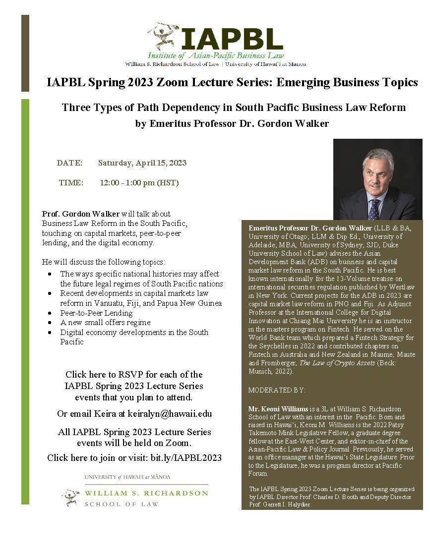 WSRLPALS's tweet photo. Join IAPBL this Saturday to hear more about Prof. Walker’s work in assisting South Pacific nations in developing regulations to participate more effectively in the global financial system! 

This event will be moderated by @aplpjhi’s editor-in-chief, Keoni Williams (‘23). https://t.co/NC0YLyTM9u