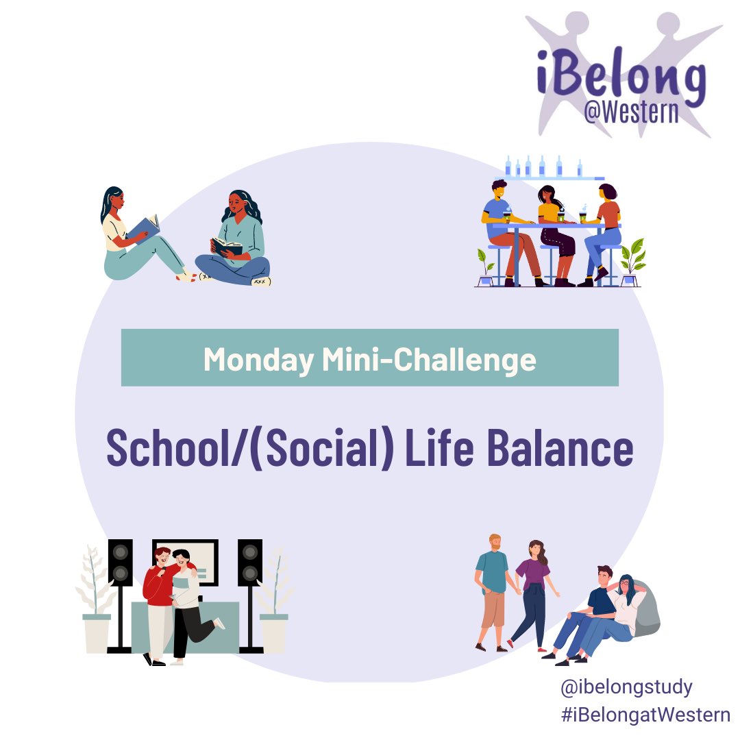 iBelongStudy's tweet photo. Finding a balance that includes a focus on social wellness is associated with numerous benefits. This week’s iBelong@Western “Monday Mini-Challenge” is to schedule at least one social activity with friends, family, or others during exam season. https://t.co/witXB0HyfP