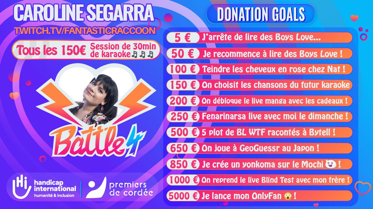 Le @Battle4Event c'est bientôt, je vous partage donc mon donation goal pour cet event dans lequel je vais me donner à fond pour le bien des assocs ! J'espère que vous viendrez me soutenir pour mes futurs beaux cheveux avec <a href="/_Nat_Ali/">Nat'ali</a> ✨
(oui g remis le dernier goal pour la blague)