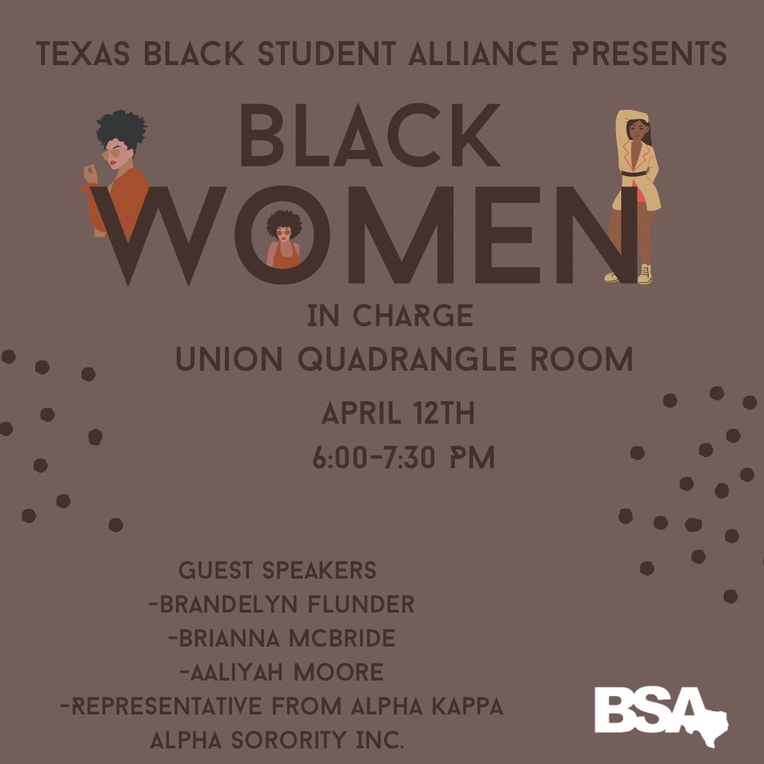 Join us this Wednesday for a special event for International Black Women’s History month. We have special guests from the MEC, Texas Women’s Basketball, and Alpha Kappa Alpha Sorority, Inc. They will discuss holding high leadership and their experiences as black women on campus🤎