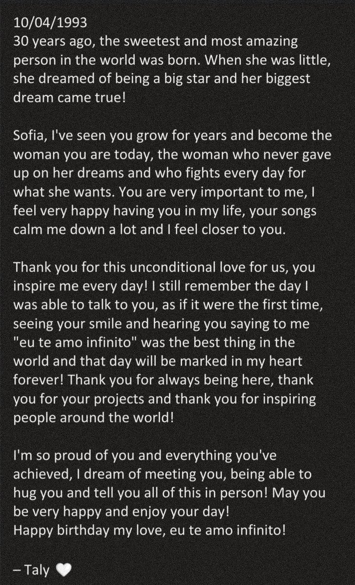 MayAndTheDD11's tweet photo. 10/04/2023
Today is the birthday of the love of my life! It's been eight years of being your fan and the love only grows, happy life Sof
Happy birthday, feliz cumpleaños, feliz aniversário! Eu te amo infinito 🤍🥹
@SofiaCarson #HappyBirthdaySofiaCarson https://t.co/fJFHXpC8sA
