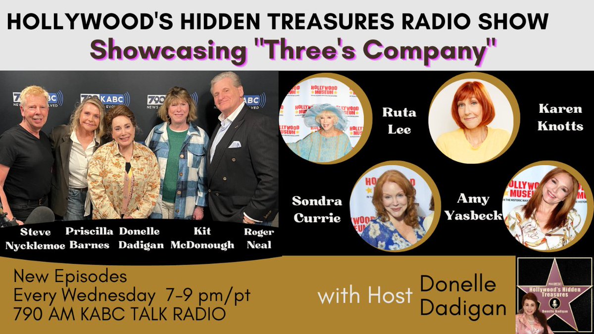 The 4/12 episode of #HollywoodsHiddenTreasures is a tribute 2 #ThreesCompany Donelle Dadigan speaks w #PriscillaBarnes #KitMcDonough #RutaLee #SondraCurrie #DonKnotts' daughter #KarenKnotts <a href="/AmyYasbeck4real/">Amy Yasbeck</a> HHT Airs Weds @7pm/pt on <a href="/KABCRadio/">790 KABC</a> &amp; Every Ep is on <a href="/ApplePodcasts/">Apple Podcasts</a>