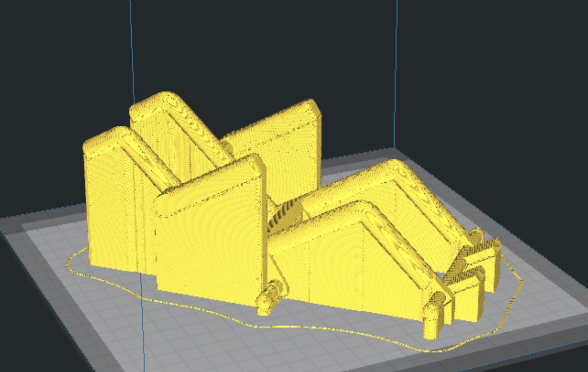 TravisLaPEng's tweet photo. Here is an example from my group project. The left is the 3D design of the frame from CAD software. The right is the sliced file. As you can see, the computer puts in supports so the printer isn’t printing into thin air. The supports easily break off once the print is finished. https://t.co/nJWjnA7YsS