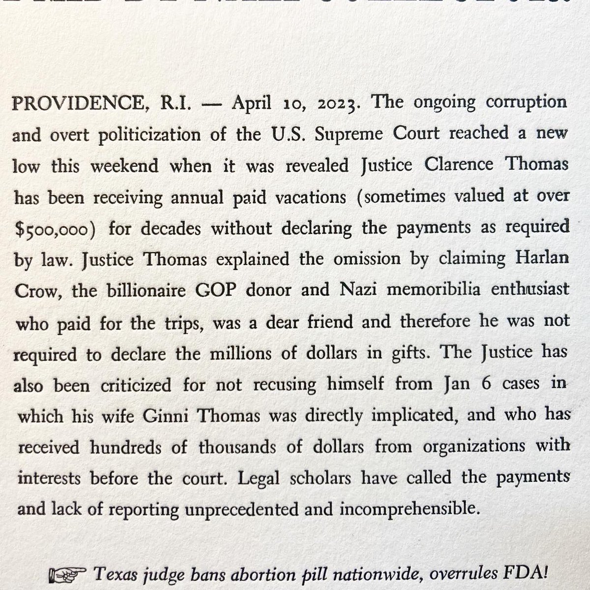 TLinotypist's tweet image. “This is beyond party or partisanship. This degree of corruption is shocking - almost cartoonish. Thomas must be impeached..” — Rep. Alexandria Ocasio-Cortez #linotype #letterpress #typecasting #supremecourt #ClarenceThomas #harlancrow #nazimemoribilia #GinniThomas