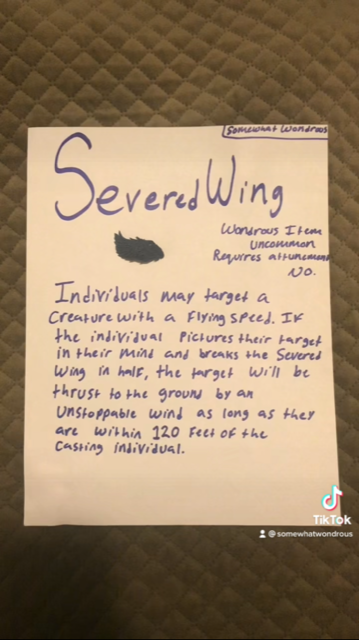 Severed Wing: Wondrous Item

#dnd #DND #dungeonsanddragons #dndhomebrew #homebrew5e #dnditems #wondrousitem #magicitem #diy #dnd5e #fypシ #fyp