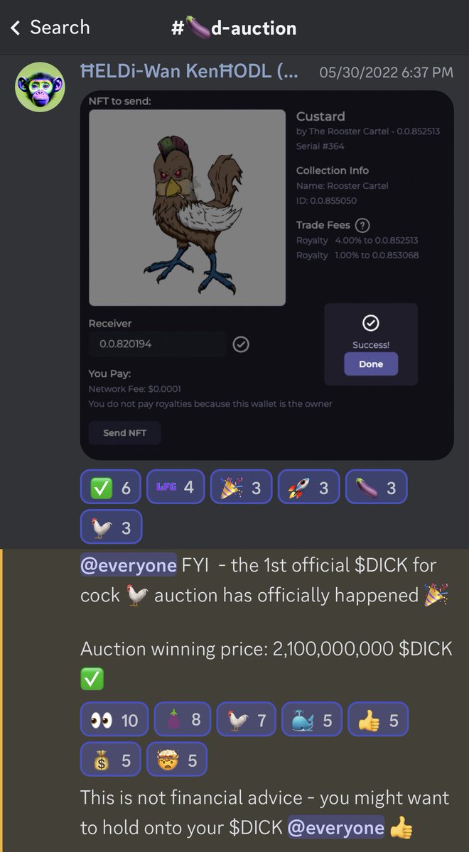 HELDiWanKenHODL's tweet photo. did you know that $DICK 🍆 was exchanged (almost a year ago) for a @RoosterCartel rooster❓

#364 (Custard 🐔) was minted &amp; then auctioned… the winning bid was 2,100,000,000 $DICK 🍆

#gotDICK❓

🍆: 0.0.781589 

#NFA | #DontBuyDICK | #NoValue | #DICKForCock | #IYKYK | #HFTs https://t.co/Nj4Rk8A4t2