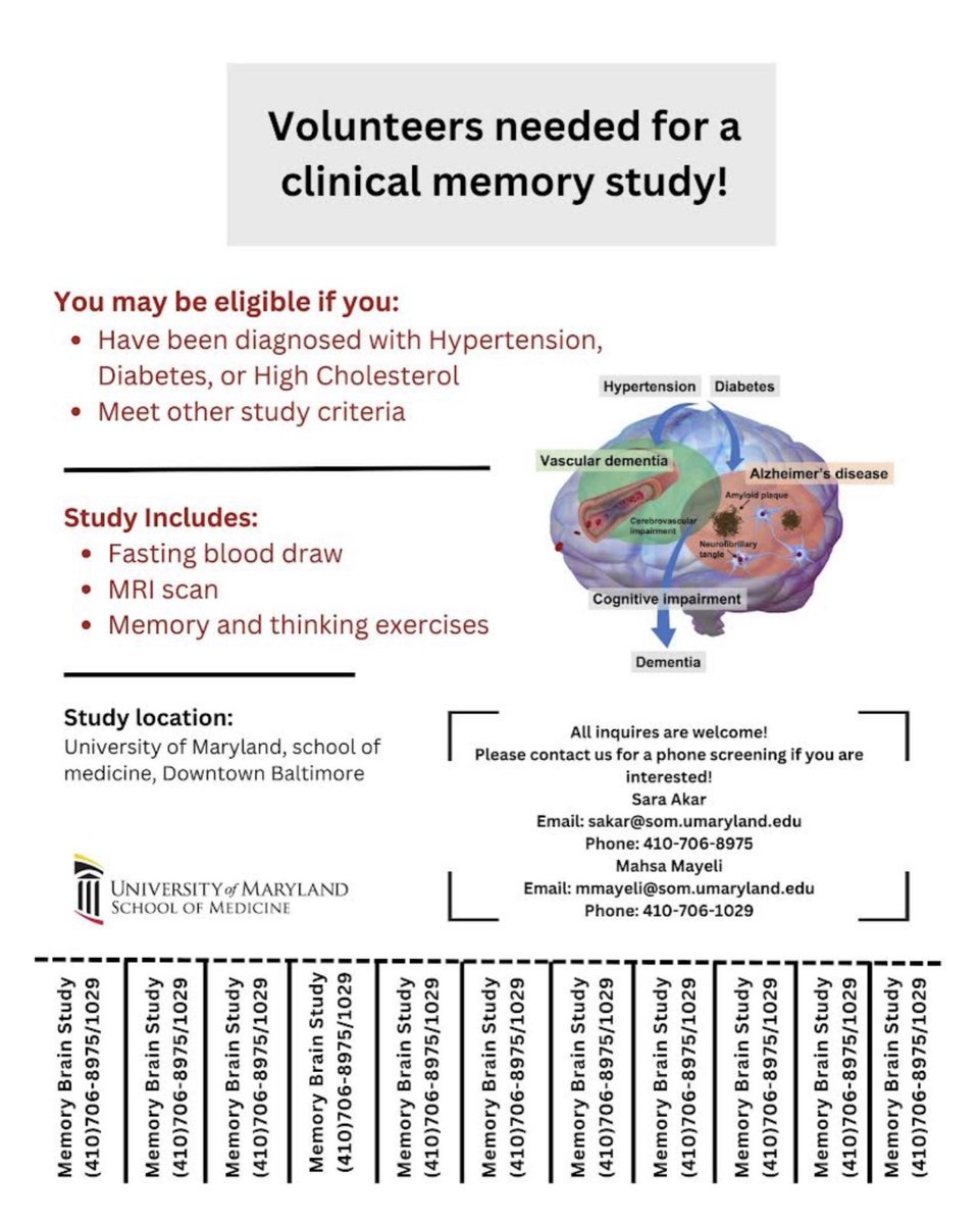 mahsa_mayeli's tweet photo. We are recruiting for our new study on the neuroimaging biomarkers of dementia as a site for the #MarkVCID study. If you are working with elderly patients in #Baltimore who have #memory complaints, please help us spread the word! Our contact information is on the flyer! https://t.co/aJIZfb84sh