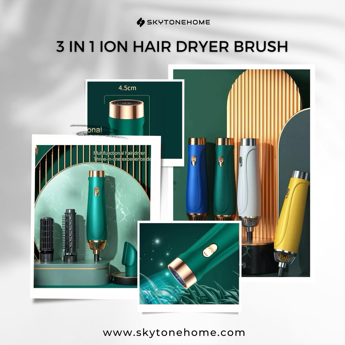 SKYTONE 3 In 1 Ion Hair Dryer Brush

#doublenegativeiontechnology #powerfulhairdryer #smarttemperaturecontrol #salonqualityblowouts #haircare #moisturebalancedualionsystem #innovativefanblades #efficientairflow #protectivehairdrying #healthyhair #skytonehome