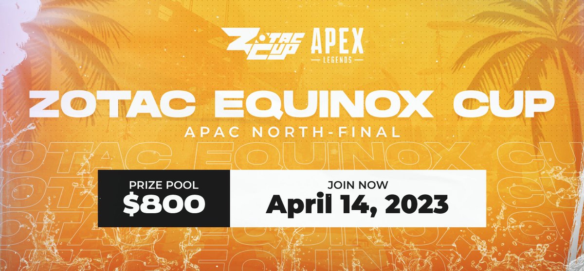 ⚔️ <a href="/ZotacCup/">ZOTAC CUP</a>'s のApexLegends Equinox Cupに参加しよう！

友達やライバルに共有しよう 🧡 
君の雄姿を見せつけろ！

🏟️ トリオバトルロイヤル
💰 $800（約10万円）
💯 参加自由
⏰ 4月14日（金）午後6時
🌏 APAC N

bit.ly/ZOTACEquinoxCu…

#VeNomNews #vnmApex #vnmFAM
<a href="/OLTRTs/">OLTRTs</a>