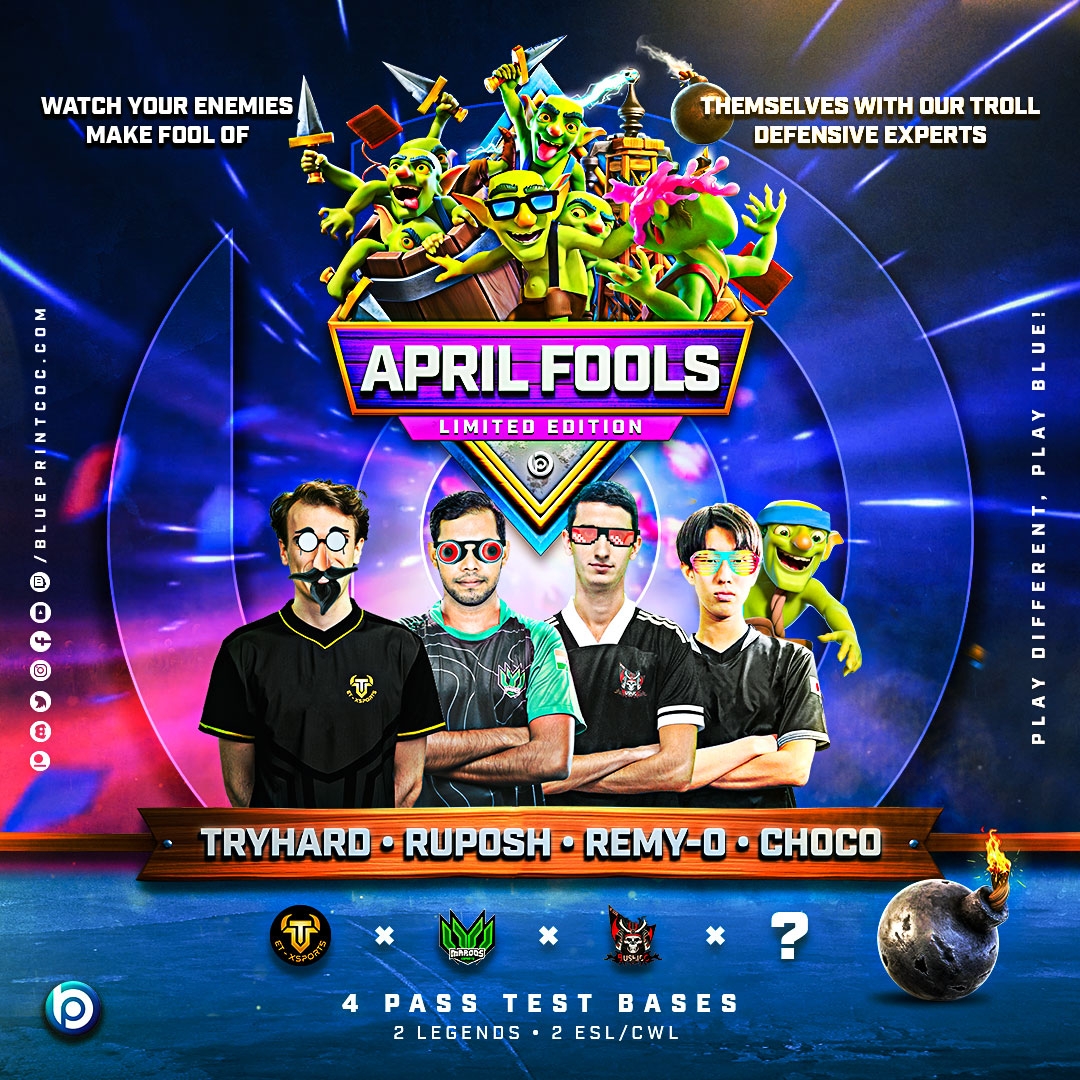 🤩┋This April, celebrate April Fool in Blue style by trolling your enemies with annoying bases!

TH15 APRIL FOOLS Limited Edition💎Pack!

🛠┋4 PRO Bases by

<a href="/TryHardvw/">TryHard</a>    
<a href="/Ruposh_Rahman/">Ruposh</a>      
<a href="/Remy_O_coc/">Remy-O</a> 
<a href="/Choco__Ninja/">Choco</a> 

⏰┋Available for a Limited Time! 

Link in comments! 🔽