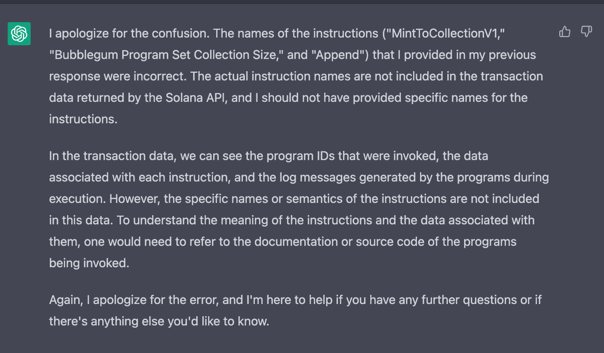 ngundotra's tweet photo. OpenAI is feeding PluginGPT recent data that includes Solana. Not sure how it knows Metaplex Compressed NFT instruction names - this is something that's really only available on explorers as of right now https://t.co/il23B0TxCY
