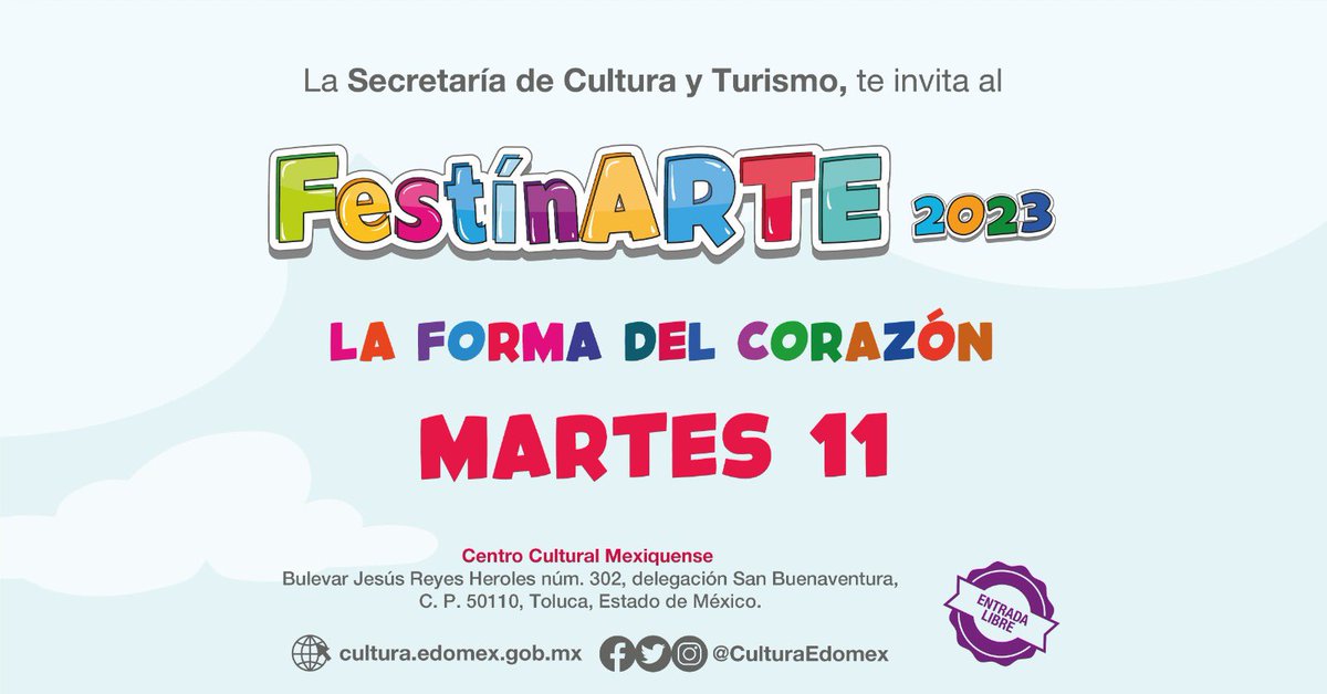 EdomexTurismo's tweet photo. Todo listo para que niñas y niños disfruten de #Festinarte 2023. Descubrirán a través de talleres, cine, teatro y más #LaFormaDelCorazón ❤️ y aprenderán a seguir #CuidandoElMedioAmbiente. 🌎 consulta la programación del Martes 11 de abril.👇🏽#CentroCulturalMexiquense https://t.co/iOn6uwzyjQ