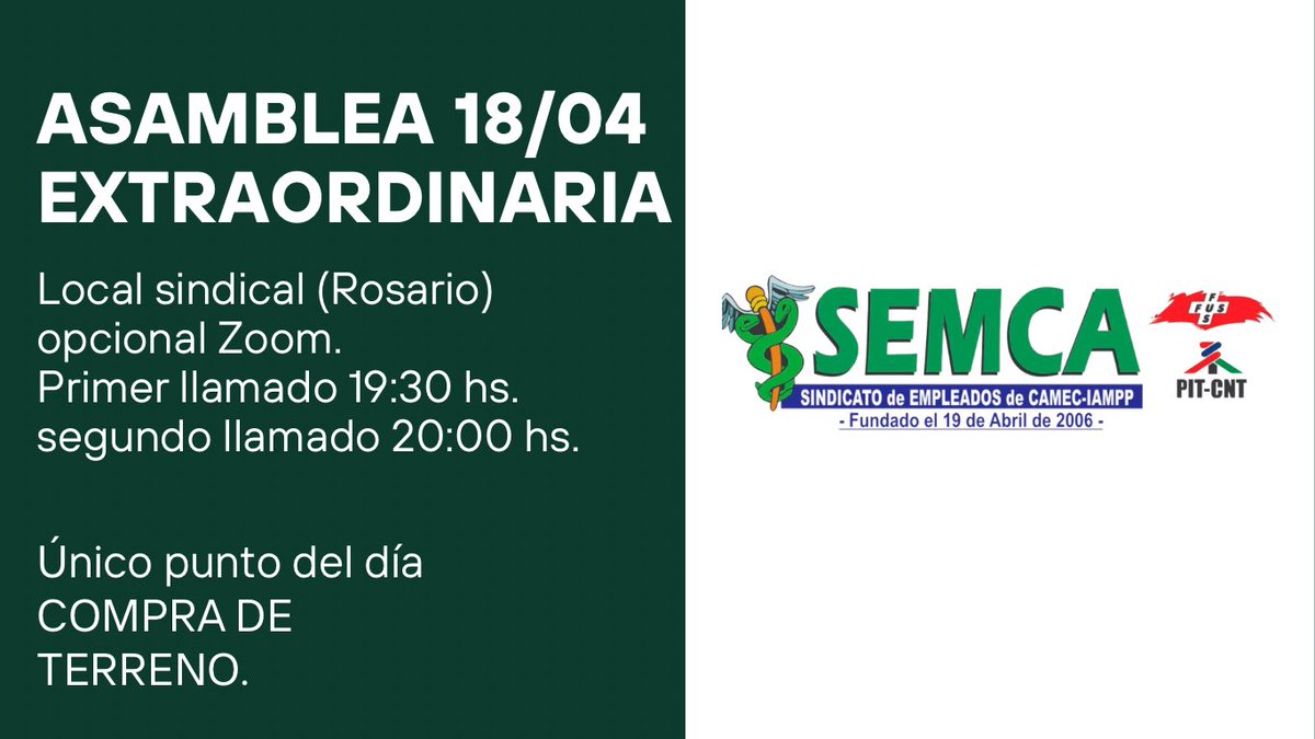 ¡Atención miembros de SEMCA! 📢 Asamblea Extraordinaria el 18 de abril a las 19:30 en sede sindical. Tema: 'Compra de Terreno'. ¡Tu voz cuenta! ¡No faltes ! 💪👩‍⚕️👨‍⚕️ #SEMCA #AsambleaExtraordinaria #CompraDeTerreno #ParticipaciónSindical #Uruguay