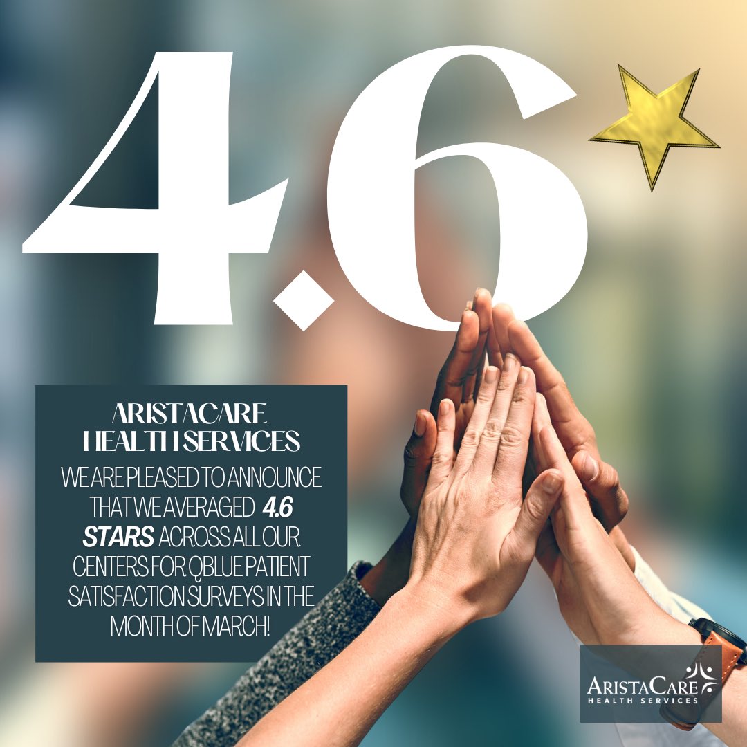 Patient satisfaction and quality care is at the heart of everything we do at AristaCare. We are thrilled to announce our 4.6 average rating in patient satisfaction Qblue Surveys for the month of March! Thank you to our dedicated team ⭐️⭐️⭐️⭐️⭐️

#AristaCare #AristaCARES