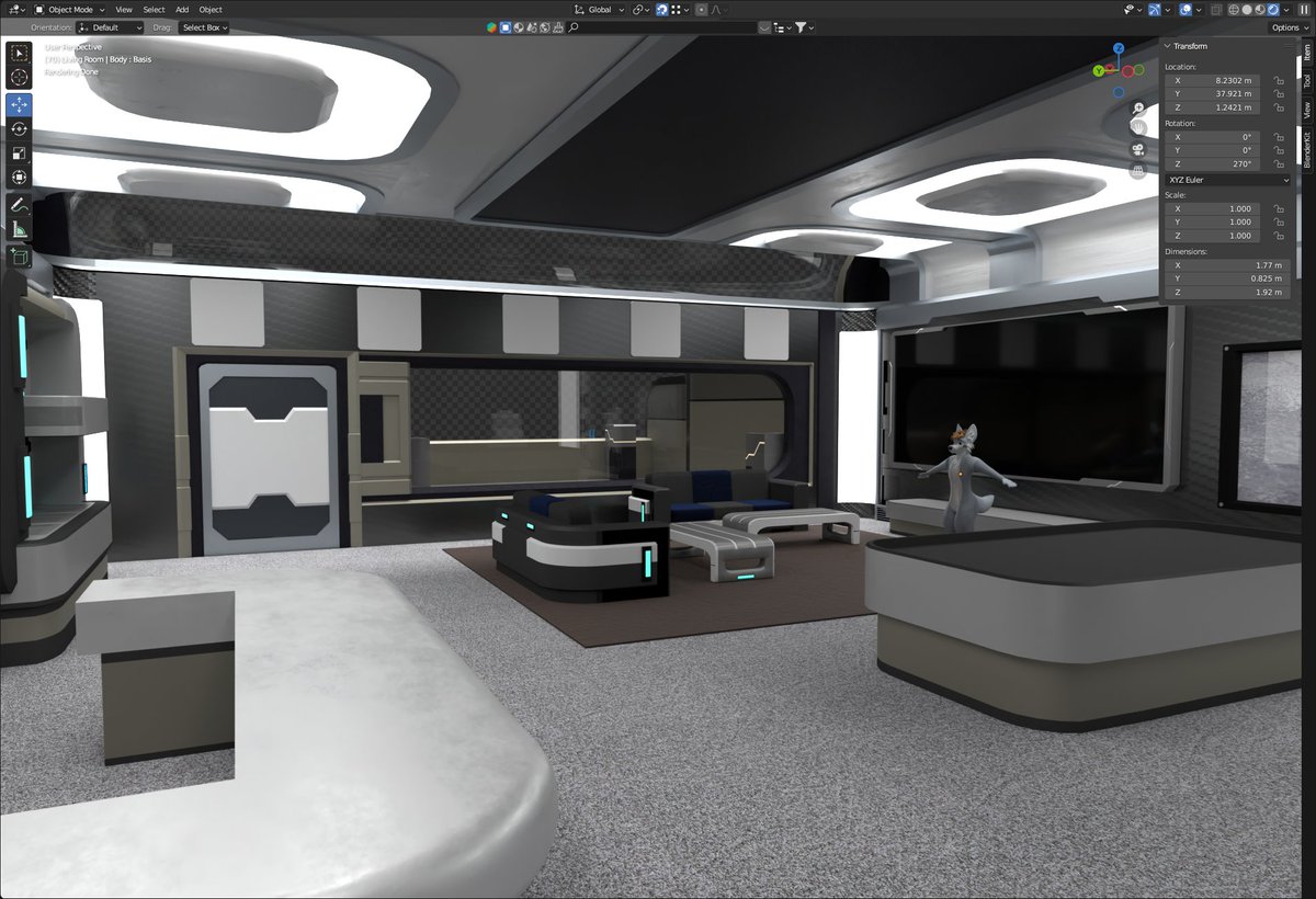 ChevronTheWolf's tweet photo. #vrchat #worldbuilding #blender #phantasystaronline2 #PSO2

Added holographic poster mount. Fixed shelf. Added gap in coffee table legs. Added textures.

Also now rendering with GPU-damn CUDA settings!

I like these colors!

Fluffer by #Ghostcabbit
Design inspired by @sega_pso2 https://t.co/e7jbJqFn2h
