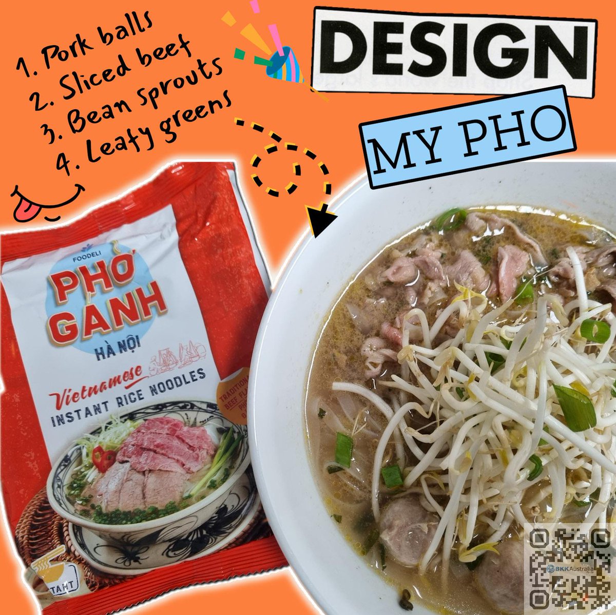 Check out my quick and easy version of pho for lunch today! Thanks to Pho Ganh Hanoi, I can make pho in just 3 minutes and impress my colleagues. I added sliced beef, some beef balls that my coworker offered, bean sprouts, and spring onions. #phoganhhanoi #bkkaustralia!