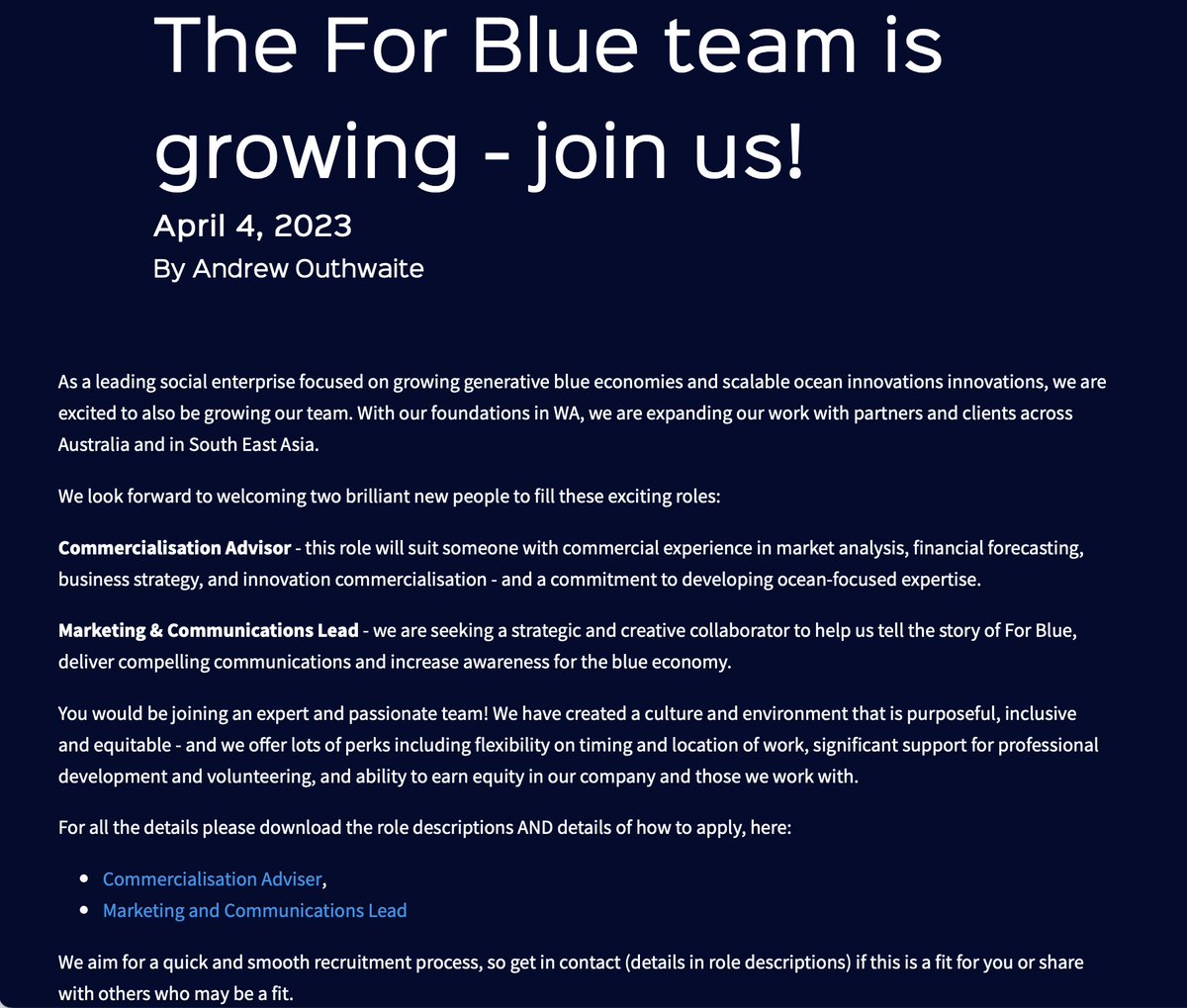 Join the For Blue team! 

We are seeking two great people to fill the roles of Commercialisation Advisor and Marketing &amp; Communications Lead.

To find out all the details and get in contact, please head to our website: lnkd.in/gnmZCDQf