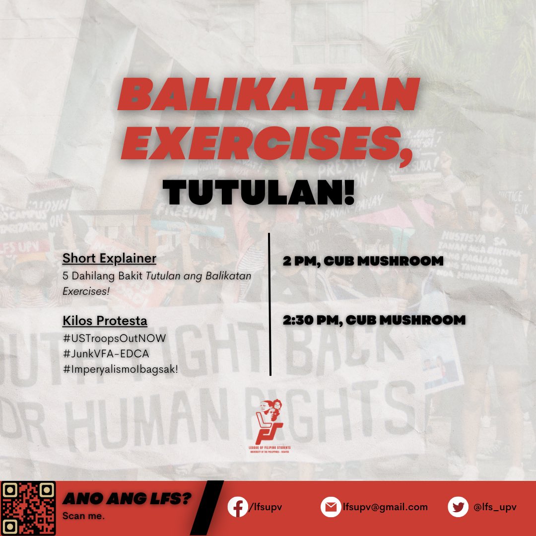 lfs_upv's tweet photo. Dumalo at magpadalo sa gaganaping mobilisasyon mamaya. Magkita-kita tayo sa CUB Mushroom, 2PM, at ipakita ang kolektibong pwersa laban sa Balikatan Exercises! 

#USTroopsOutNow
#JunkVFAEDCA
#ImperyalismoIbagsak!

Sumali sa LFS: https://t.co/41eMlazc1D https://t.co/6R5HQYB1Gl