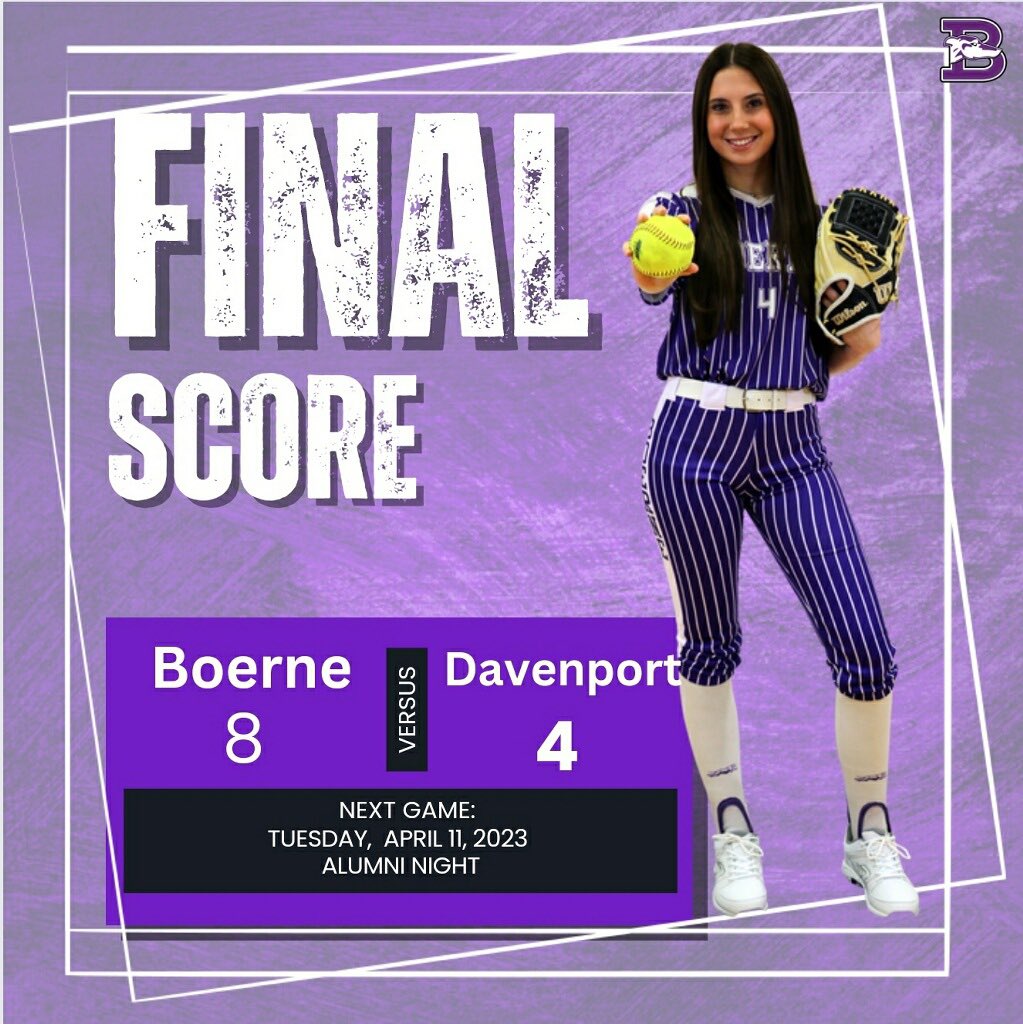Boerne HS Softball (@greyhoundsb) on Twitter photo 🥎Big win tonight over Davenport!
Final
Boerne - 8
Davenport - 4
4 HR’s:
<a href="/avanieto05/">Ava Nieto</a> 💣
<a href="/AvaBevo/">Ava (Bevo) Rodriguez</a> 💣 & grinding in the ⭕️
<a href="/MadlockTaryn/">Taryn Madlock</a> 💣
<a href="/avarenteria27/">Ava Renteria</a> 💣
<a href="/Boernehs/">Boerne High School</a> <a href="/LeechStan/">Boerne ISD Athletics</a> <a href="/BoerneISD/">Boerne ISD</a> <a href="/gohoundsgo_gabc/">Greyhound Athletic Booster Club (GABC)</a> <a href="/AustinTGCA/">TGCA</a> <a href="/TexHSSoftball/">Texas HS Softball</a> <a href="/BoerneNews/">Boerne High News Network</a> <a href="/TXPrepSoftball/">Texas Prep Softball</a> <a href="/RadioBoerne/">Boerne Radio Sports 103.9FM</a> 🥎Big win tonight over Davenport!
Final
Boerne - 8
Davenport - 4
4 HR’s:
<a href="/avanieto05/">Ava Nieto</a> 💣
<a href="/AvaBevo/">Ava (Bevo) Rodriguez</a> 💣 & grinding in the ⭕️
<a href="/MadlockTaryn/">Taryn Madlock</a> 💣
<a href="/avarenteria27/">Ava Renteria</a> 💣
<a href="/Boernehs/">Boerne High School</a> <a href="/LeechStan/">Boerne ISD Athletics</a> <a href="/BoerneISD/">Boerne ISD</a> <a href="/gohoundsgo_gabc/">Greyhound Athletic Booster Club (GABC)</a> <a href="/AustinTGCA/">TGCA</a> <a href="/TexHSSoftball/">Texas HS Softball</a> <a href="/BoerneNews/">Boerne High News Network</a> <a href="/TXPrepSoftball/">Texas Prep Softball</a> <a href="/RadioBoerne/">Boerne Radio Sports 103.9FM</a>