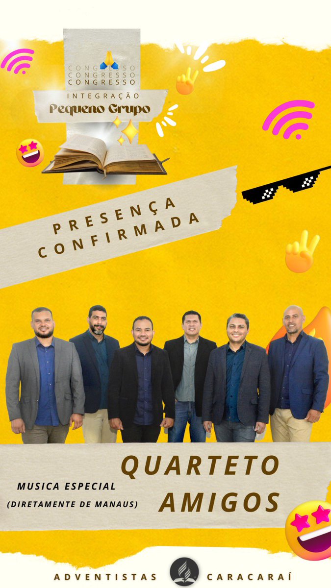 Tá chegando o dia! 
Do Congresso de Pequenos Grupos em Caracaraí, Vai ser benção! 
#Integração #UnidadeDeAção 
<a href="/EdivanO82433736/">Pr. Edivan Oliveira- MisOM</a> <a href="/HelyPacheco/">Hely Pacheco</a> 
<a href="/PrLeandroMacha_/">Leandro Machado</a>