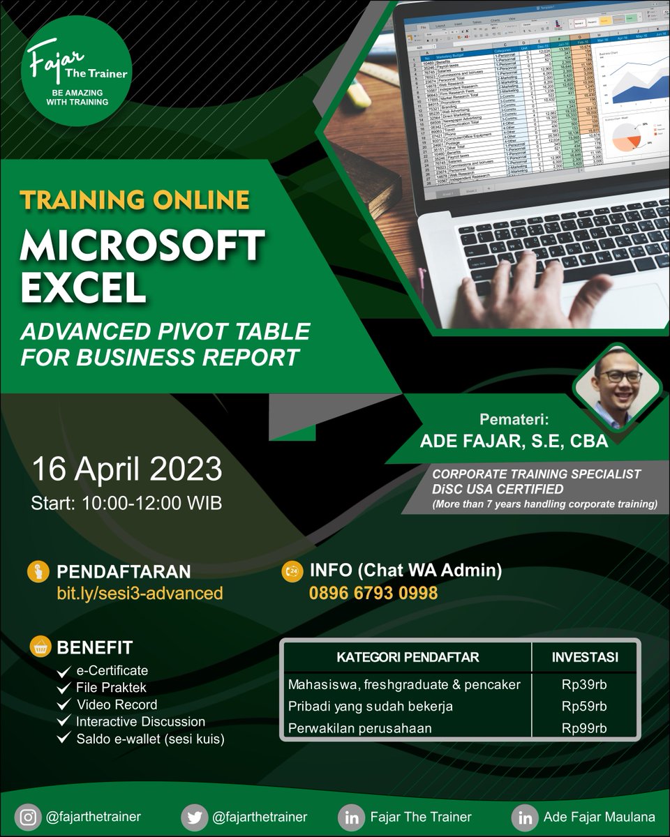 bogor_training's tweet photo. Cuma 39 ribu rupiah kamu udah bisa upgrade skill Excel kamu dalam penggunaan Pivot Table untuk analisis data ataupun pembuatan laporan bisnis.

Dengan materi yg relevan di dunia kerja, pelatihan ini jd pilihan yang tepat bagi siapa saja yang ingin meningkatkan kinerja. Yuk daftar https://t.co/BHJHtUOM9j