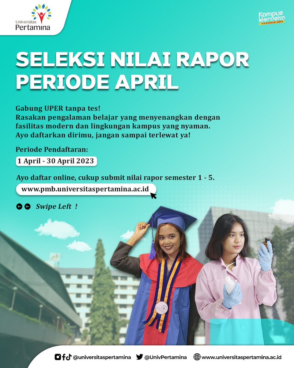 PMB_UPertamina's tweet photo. 📢 Seleksi Nilai Rapor periode April TANPA TEST 📢

Hallo sobat UPer !!!
Kesempatan kamu untuk bergabung jadi mahasiswa di @universitaspertamina terbuka lebar untuk kamu!

Buruan ajak bestie kamu gabung yuk! Ada beasiswa yang ditawarkan lohh https://t.co/tQtuH1dnXN