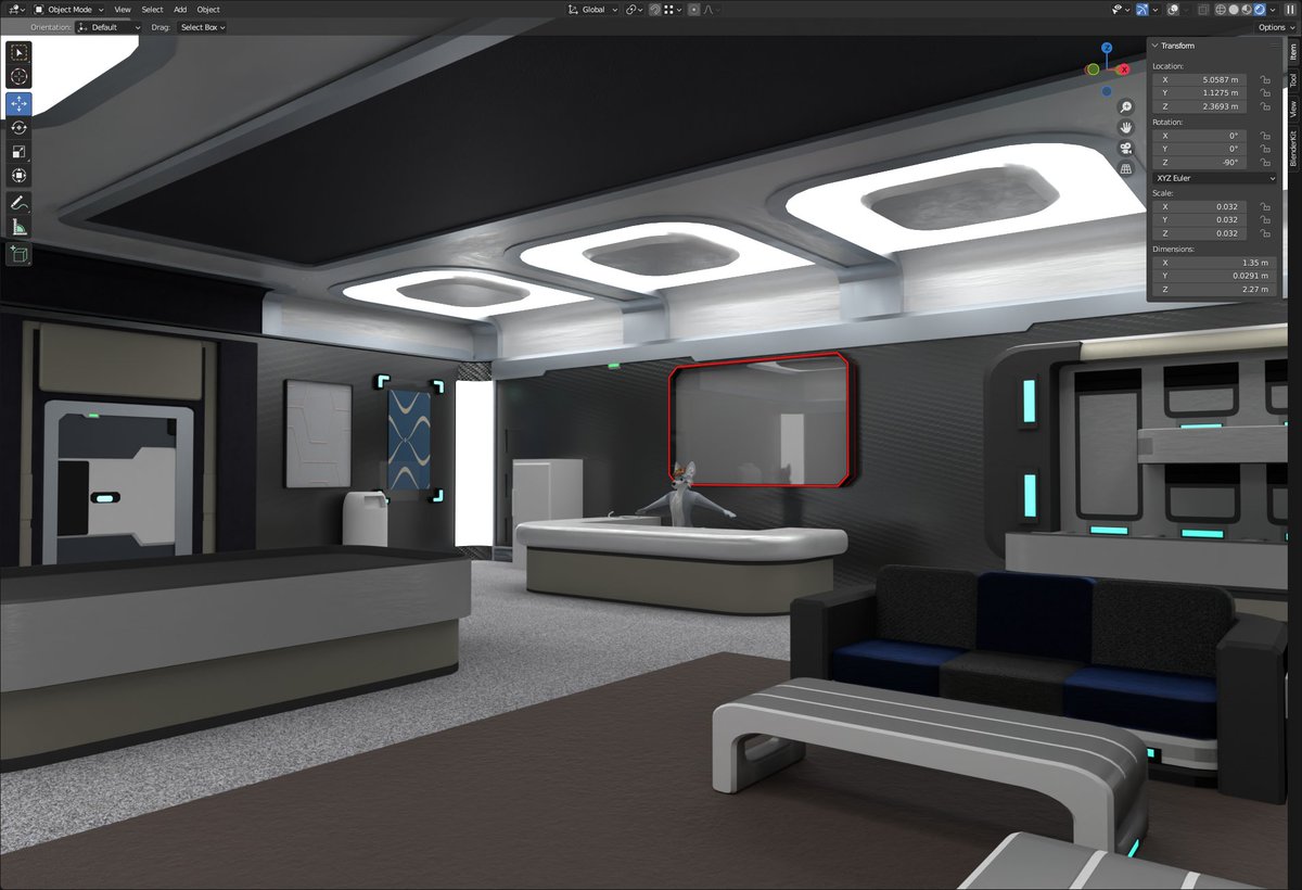ChevronTheWolf's tweet photo. #vrchat #worldbuilding #blender #phantasystaronline2 #PSO2

Added holographic poster mount. Fixed shelf. Added gap in coffee table legs. Added textures.

Also now rendering with GPU-damn CUDA settings!

I like these colors!

Fluffer by #Ghostcabbit
Design inspired by @sega_pso2 https://t.co/e7jbJqFn2h