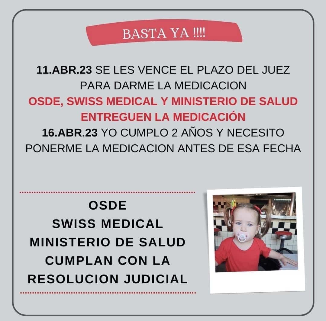 Fiorella Bersano es una niña con AME, que le deben poner la medicación zolgensms antes del 16 de Abril. La familia ya tiene la sentencia de un juez federal, donde sentencio que OSDE, Swiss Medical y el Ministerio de Salud deben pagar la medicación. 
Mañana se vence el plazo!!!