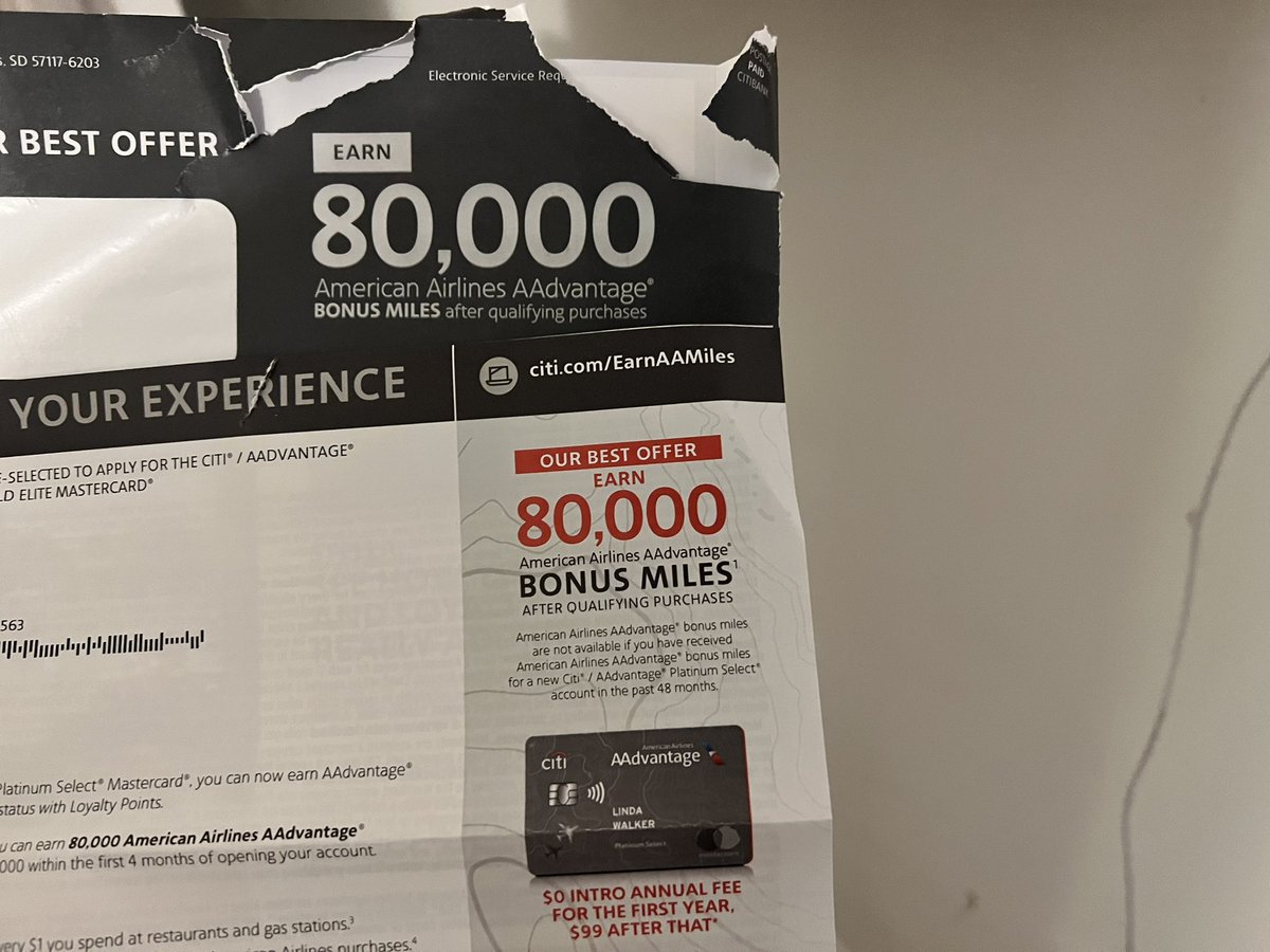 Looks like the best-ever offer for the Citi/AAdvantage Platinum Select is 80k miles. Received a targeted mailer with a unique invitation code — $99 AF still waived the first year