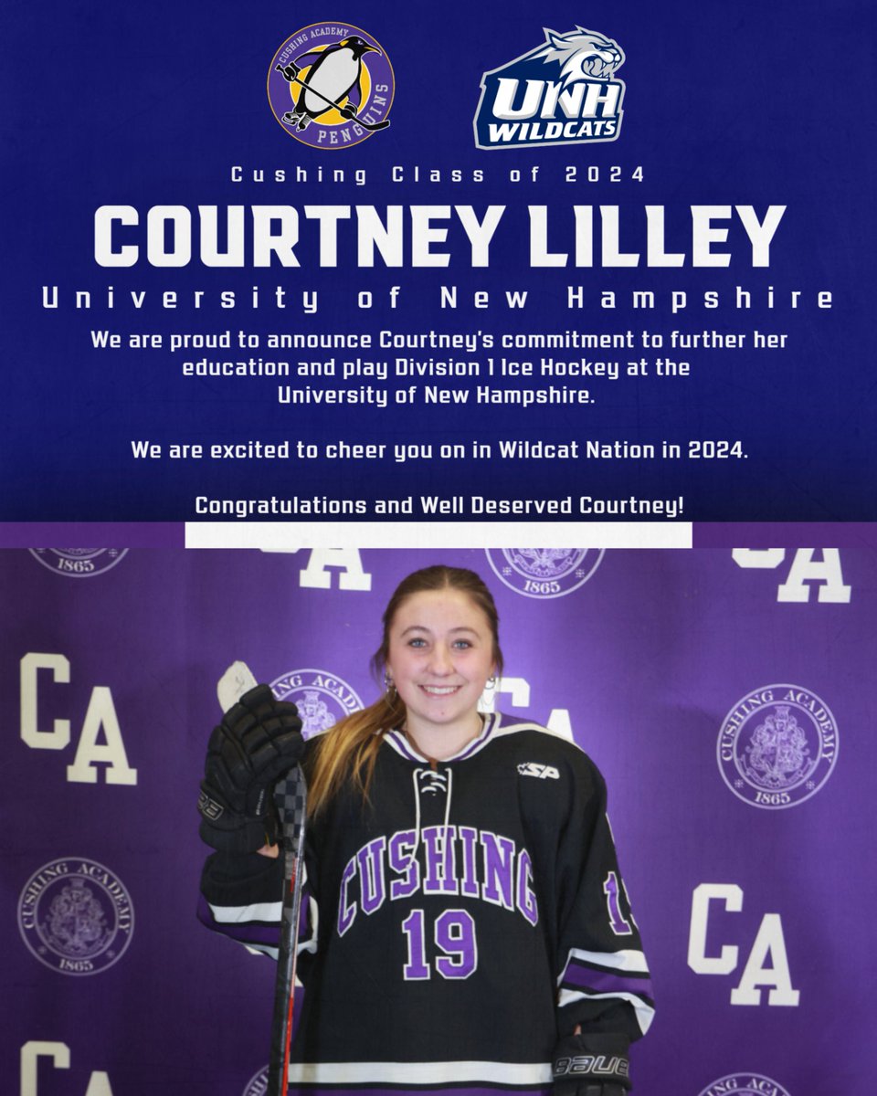 Congratulations to Penguin, Courtney Lilley on her commitment to further her education and play Division 1 Hockey at University of New Hampshire. We are so proud of you and can't wait to cheer you on! Way to go, Court!