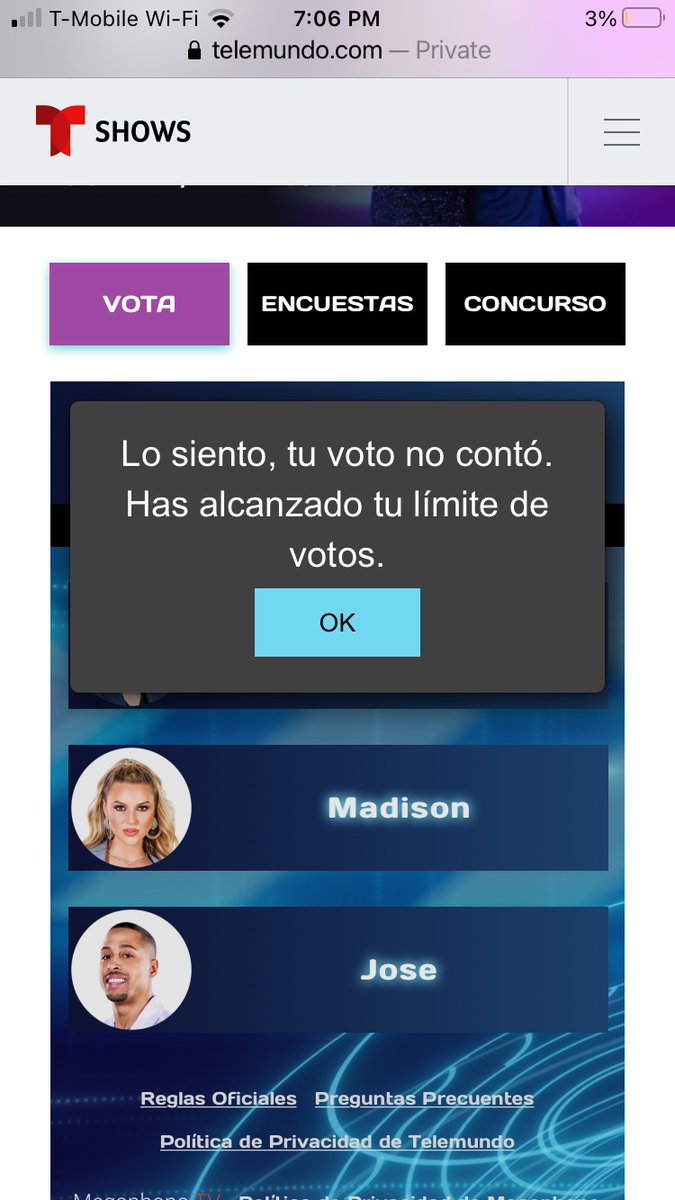 mqc92's tweet photo. @Telemundo  #telefraude #lcdlf3 #lcdlf #lacasadelosfamosos esto es fraude! No me deja votar!! Apreté una sola vez y esto es que me salio. Muy mal  @lajefatlm https://t.co/Vrai6QJEeJ