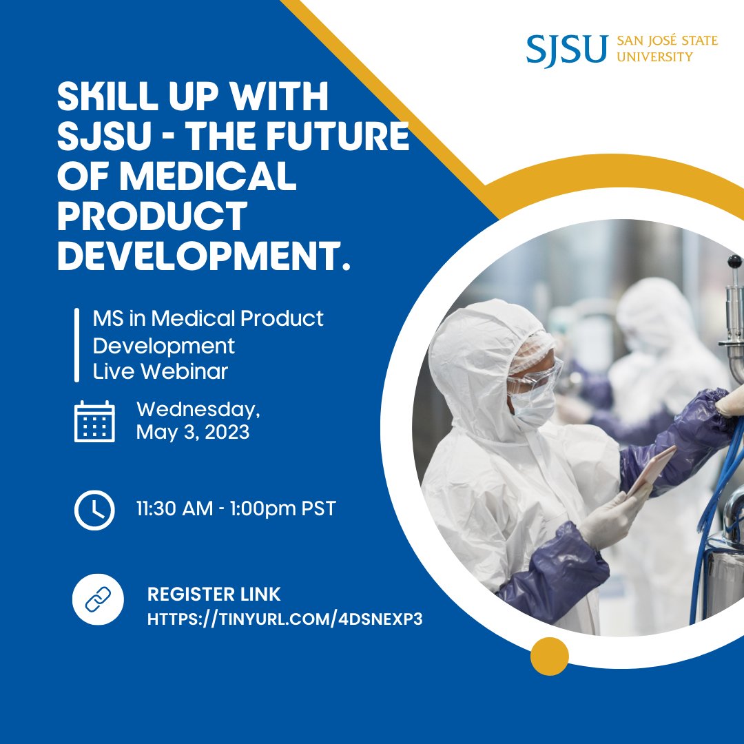 sjsu_pro's tweet photo. Today's people are living longer and healthier lives because of clinical research. Join an engaging live info session about the MS in Medical Product Management (#MPDM) program. Wednesday, May 3, from 11:30 - 1:30 pm PDT

Register today: https://t.co/lWh0InAmNr https://t.co/hEXqoSVd4Y