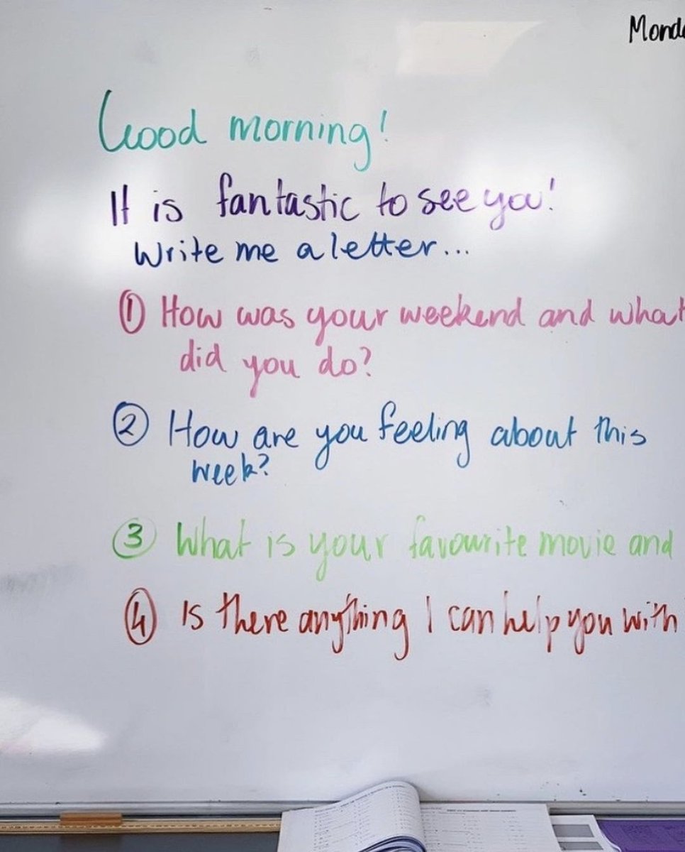 Monday morning journal writing. I love this idea for building genuine connections with your students and checking in with their well-being. #acuedu_p