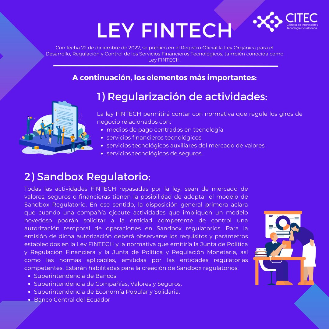 CITECec's tweet image. Te compartimos los aspectos más importantes de la #LeyFintech en nuestro país 🇪🇨 🚀