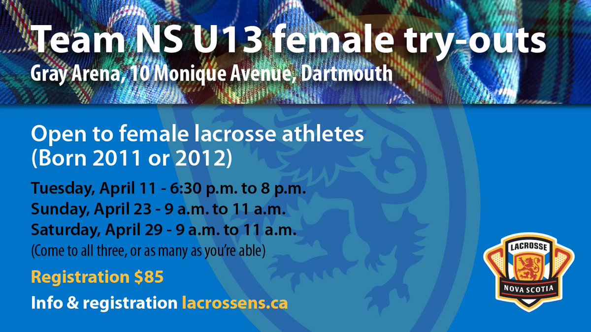 LacrosseNS's tweet photo. Playing on LNS’ U13 female team is a building block for your game’s future! Coach Gord Black is “looking to find athletes eager to learn, work hard and develop in a team atmosphere. Everyone who attends tryouts will be considered for the program.”
https://t.co/XSxxYAJTl7 https://t.co/XyzDVd5xUc