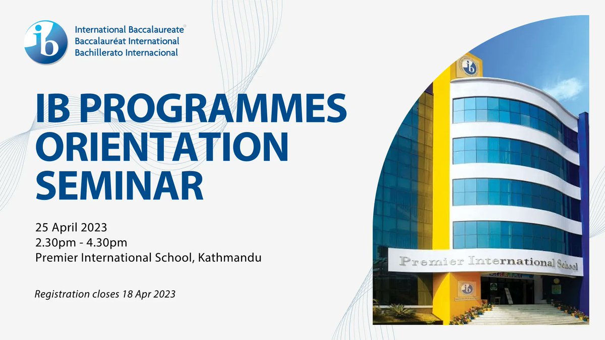 IB_EdChat's tweet image. Join our upcoming #IB Programmes Orientation Seminar in Kathmandu, #Nepal! During this session, learn more about how our four innovative programmes will benefit your school and the application process to become an IB world school.

Register today! &amp;gt;&amp;gt; buff.ly/3KeQZzr