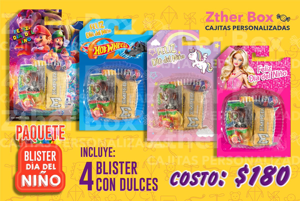 zther_box's tweet photo. 🍭👧🏻PAQUETE DÍA DEL NIÑO🧒🏻🍭

CAJITAS con DULCES
Incluye:
- 4 cajitas con dulces 
Costo: $230

BLISTER con DULCES
Incluye:
- 4 tipo blister con dulces 
Costo: $180 https://t.co/s7tDoCZ81O