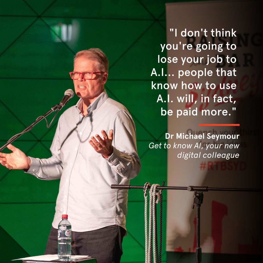 sydney_business's tweet image. Last Tuesday, @mikeseymour joined a line-up of 30 speakers around Sydney for a night of Raising the Bar!

Mike discussed the future of #AI &amp;amp; shared his research on digital humans to a highly engaged full house at Hermann's Bar.

Missed out? Podcast coming soon 🎧 #RTBSYD