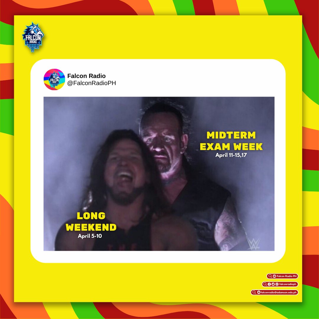 FalconRadioPH's tweet photo. Oh no! Midterms exam week na naman! 🥶

After a long weekend, for the aral na ang mga ferson ✍️ With that, Falcon Radio wish you a good luck in your exams, Klasmeyts! 💪 

Dahil dito sa Falcon Radio, #KlasmeytIkawAngBida https://t.co/KGlNdwCI6t