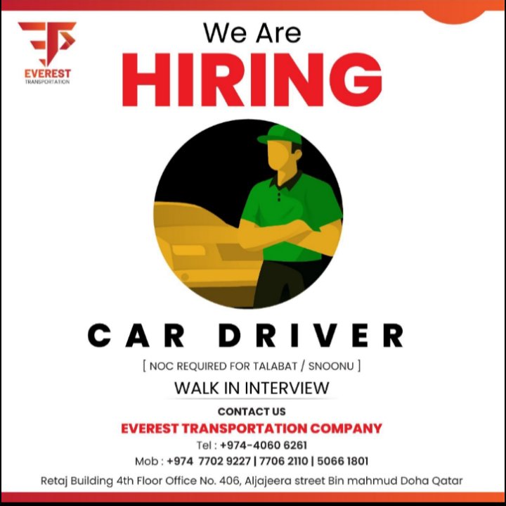 AliShah302cop's tweet photo. “HIRING CAR DRIVER”

We are Hiring Car Driver with Excellent package.

Contact us on
( +0974 7702 9227 )   /  
( +0974 7706 2110 )

City: Doha.
Salary: After the Interview.
Experience: 1 year.
Gender: Male.
Nationality: Any.
Driving License: Must have. https://t.co/EmlM2CJTxp