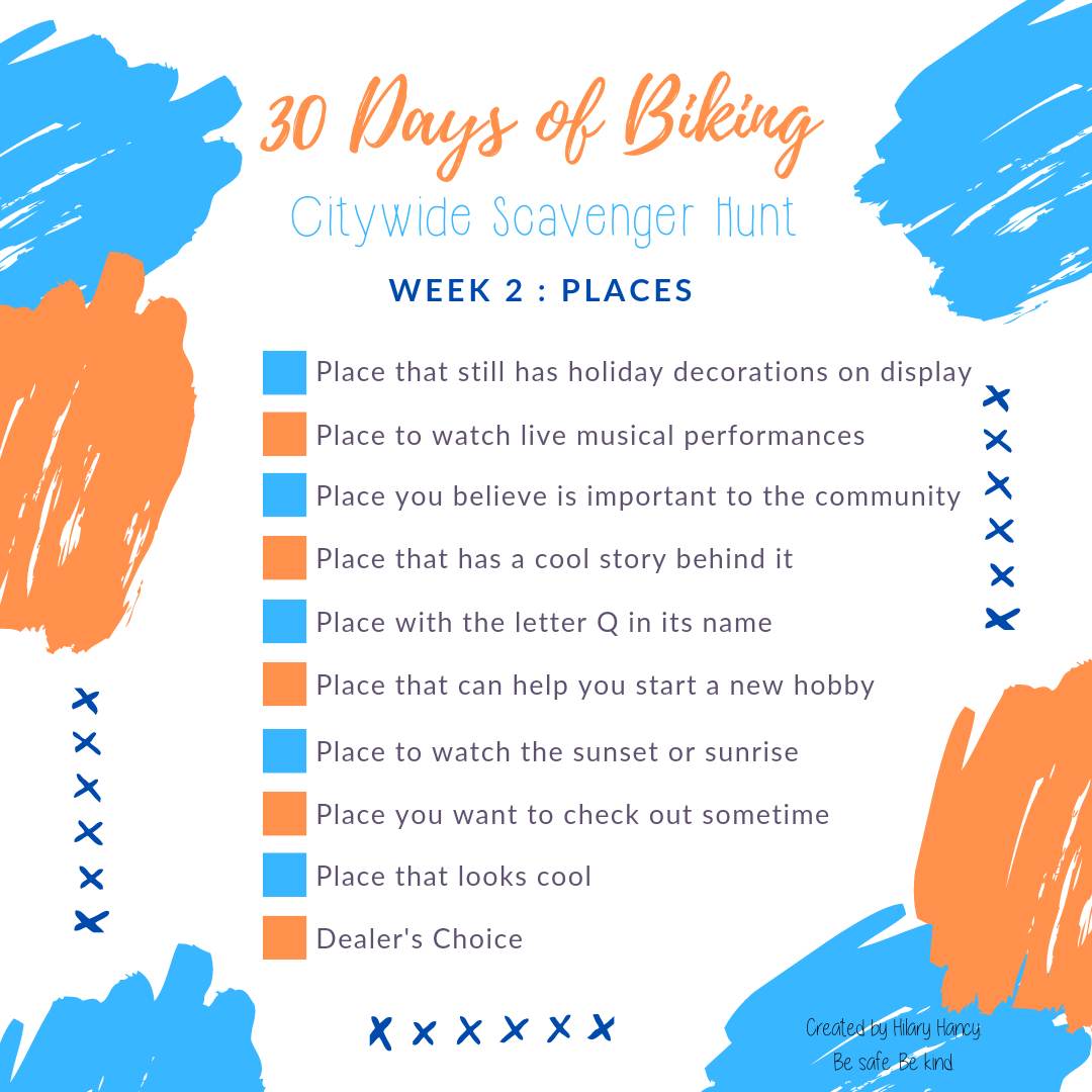 30daysofbiking's tweet image. Each week in April, we&apos;re providing you with a #30DaysofBiking scavenger hunt created by our friend Hilary Hancy! 

This week&apos;s theme is PLACES, including places where you can watch the sunrise, start a new hobby, and watch live music.