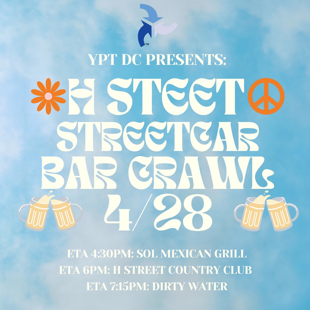 YPTWDC's tweet photo. Join us for a DC Streetcar Bar Crawl – Friday, 4/28 @ 4:30pm
 
Open to any and all YPT members and non-members! We will be following the DC Streetcar route on H Street.
 
Stop #1 ETA 4:30pm: Sol Mexican Grill
Stop #2 ETA 6pm: H Street Country Club
Stop #3 ETA 7:15pm Dirty Water https://t.co/FUPhHx0paj