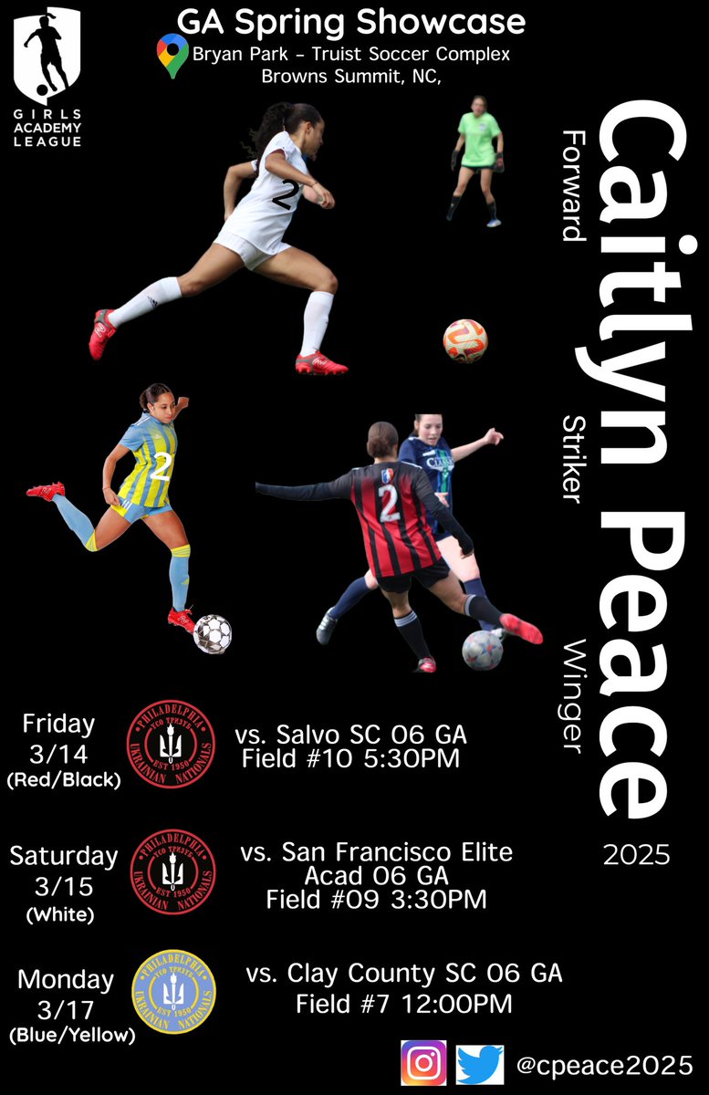 cpeace2025's tweet photo. So excited to compete in Greensboro, NC this weekend! Hey Coaches… check out my schedule and come watch me play! @GAcademyLeague @UkrNationalsSC @TopDrawerSoccer @TheSoccerWire @ImCollegeSoccer @ImYouthSoccer @PrepSoccer #GASpringShowcase #girlsacademy https://t.co/QmXcxXJMcU