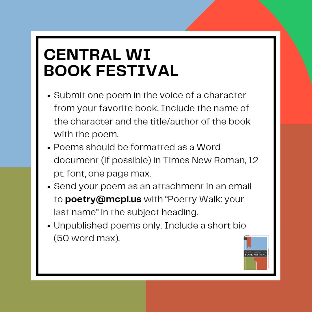 BookWisconsin's tweet image. Submissions are open for the 2023 Poetry Walk in Wausau and Stevens Point, part of this year's CWBF!
Theme: Poems in the voice of a favorite character. To be displayed in dtown Wausau and Point, live reading in the works for Point. Send your stuff! Tell a friend!
