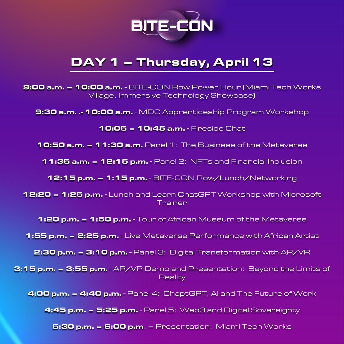 Here's the schedule for Thursday, April 13 (Day 1)! We can't wait!! BITE-CON is now FREE & open to all! Grab your FREE ticket now at bite-con.com