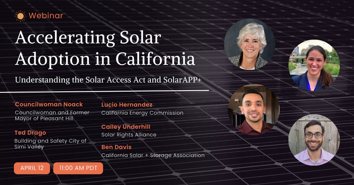 solar_rights's tweet photo. Join @solar_rights, @CALSSA, @votesolar's webinar on Apr 12 at 11 AM to learn about the Solar Access Act and ways to make it faster and easier for residents to go solar through streamlined permitting! https://t.co/HJKmBMMyQX