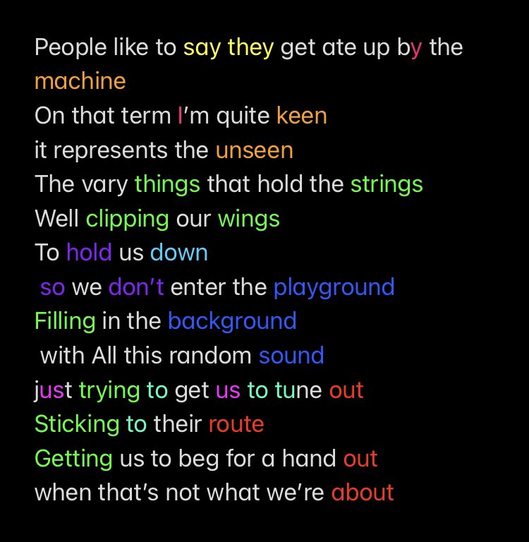 People like to say they get ate up by the machine
On that term I’m quite keen 
it represents the unseen
The vary things that hold the strings 
Well clipping our wings
To hold us down
 so we don’t enter the playground 
Filling in the background
 with All this random sound