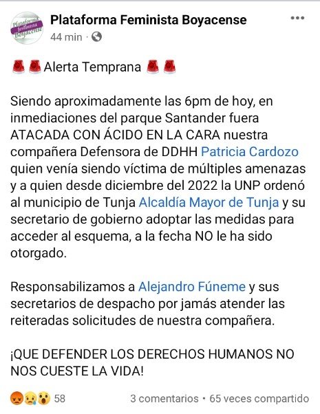 #Denuncia  / Una mujer Defensora de DDHH fue atacada con acido en la cara en #Tunja

Así lo dieron a conocer desde la Plataforma Feminista Boyacense.

Los hechos ocurrieron en inmediaciones del parque Santander de la capital de #Boyacá

Imagen de referencia.